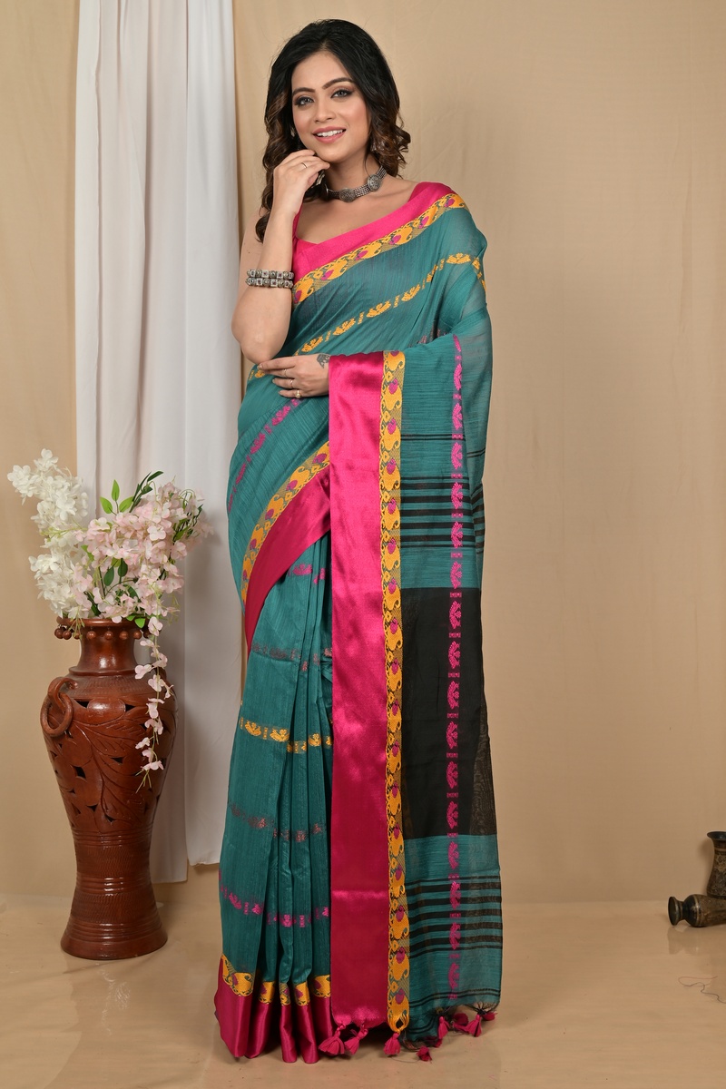 Dark Green Blended Cotton Achsit Hand Loom Saree (2223)