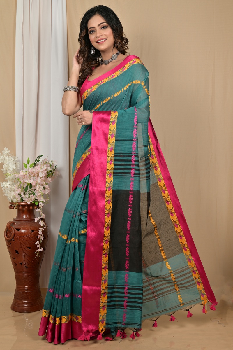 Dark Green Blended Cotton Achsit Hand Loom Saree (2223)