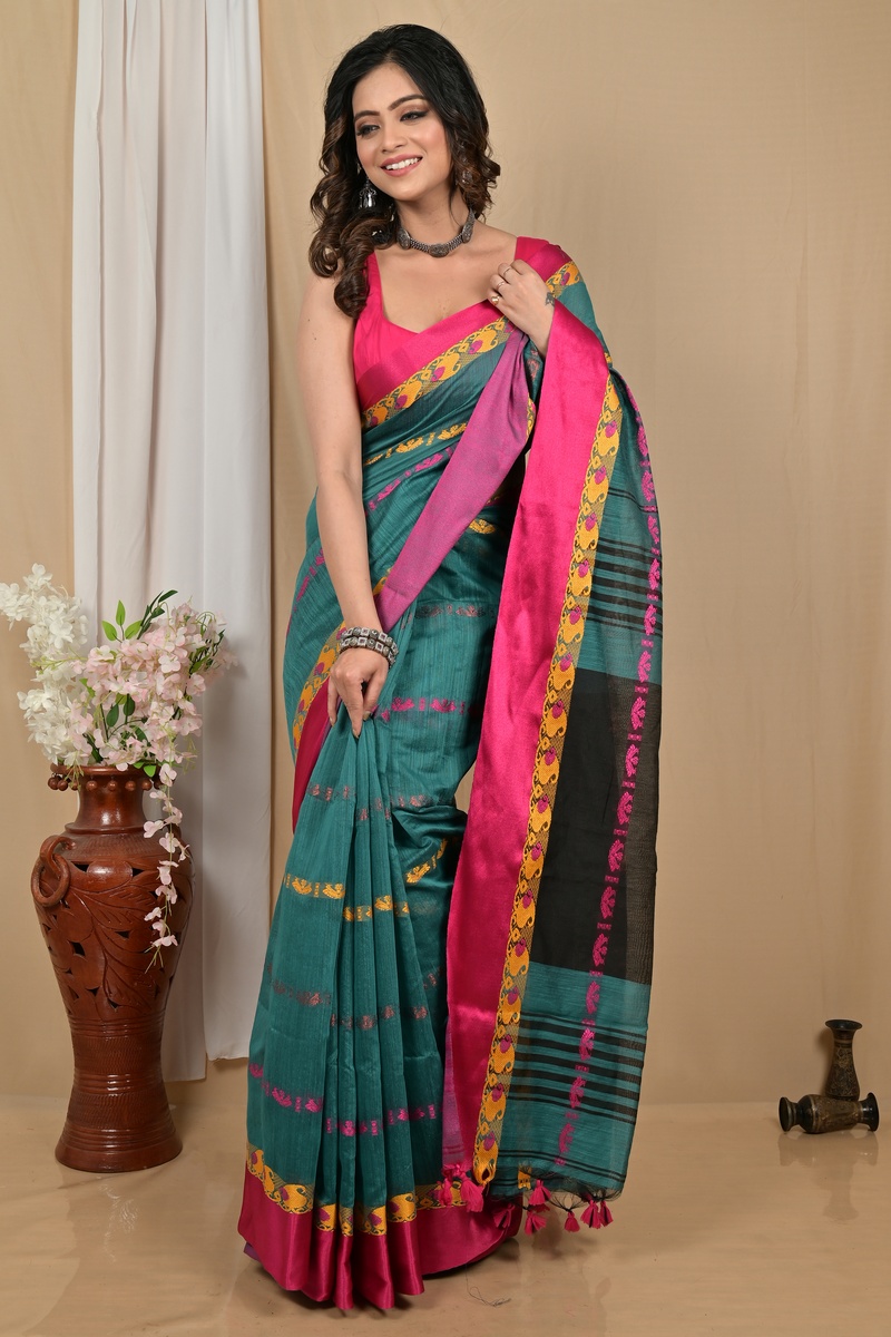 Dark Green Blended Cotton Achsit Hand Loom Saree (2223)