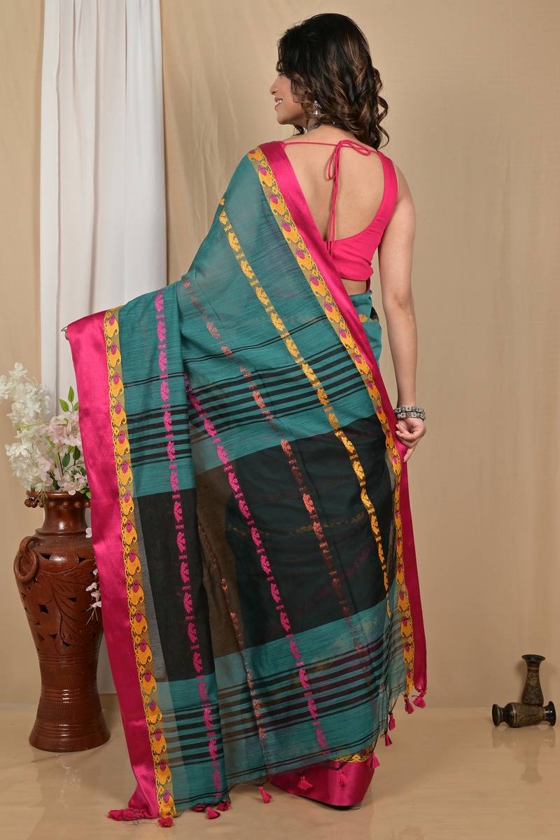 Dark Green Blended Cotton Achsit Hand Loom Saree (2223)