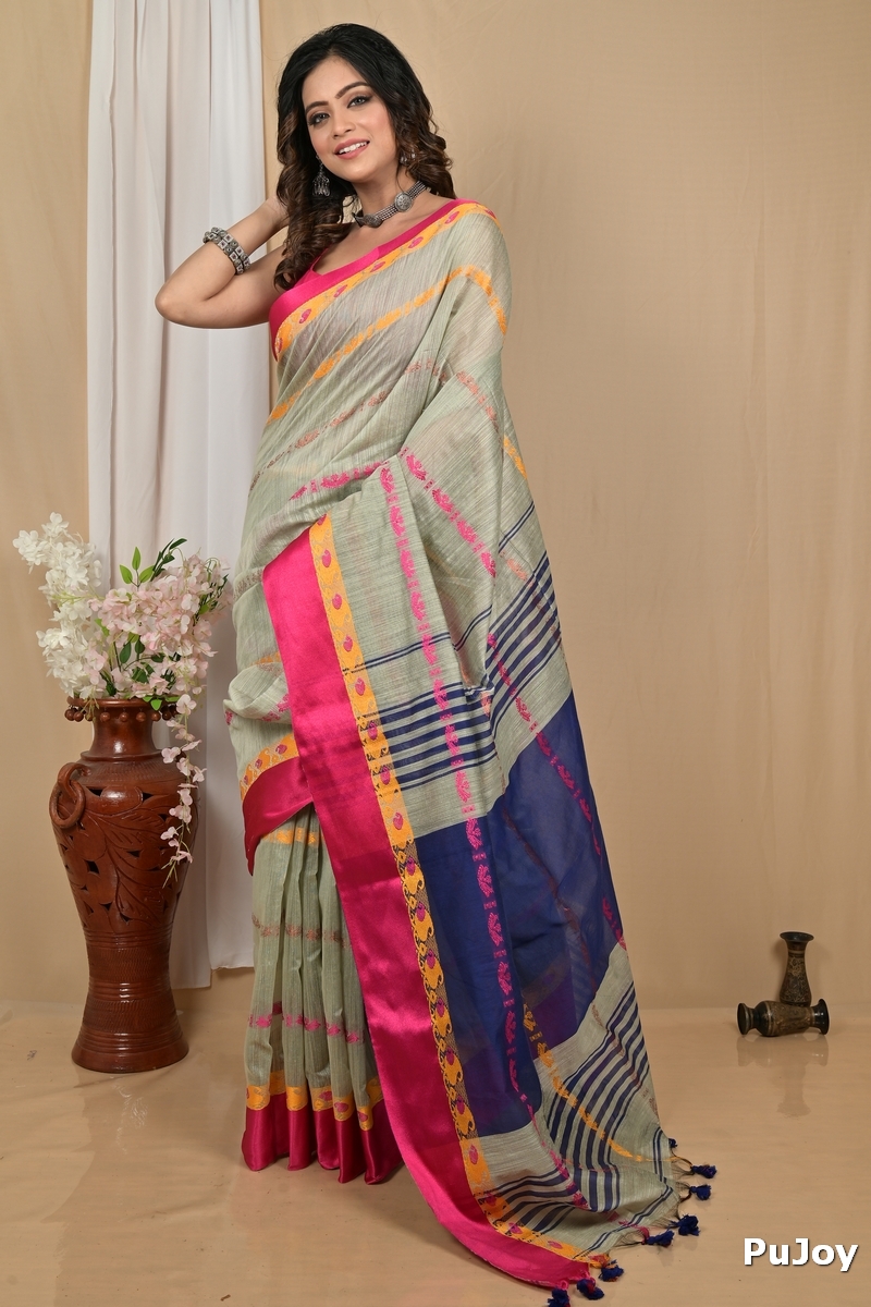 Sage Green Blended Cotton Achsit Hand Loom Saree (2224)