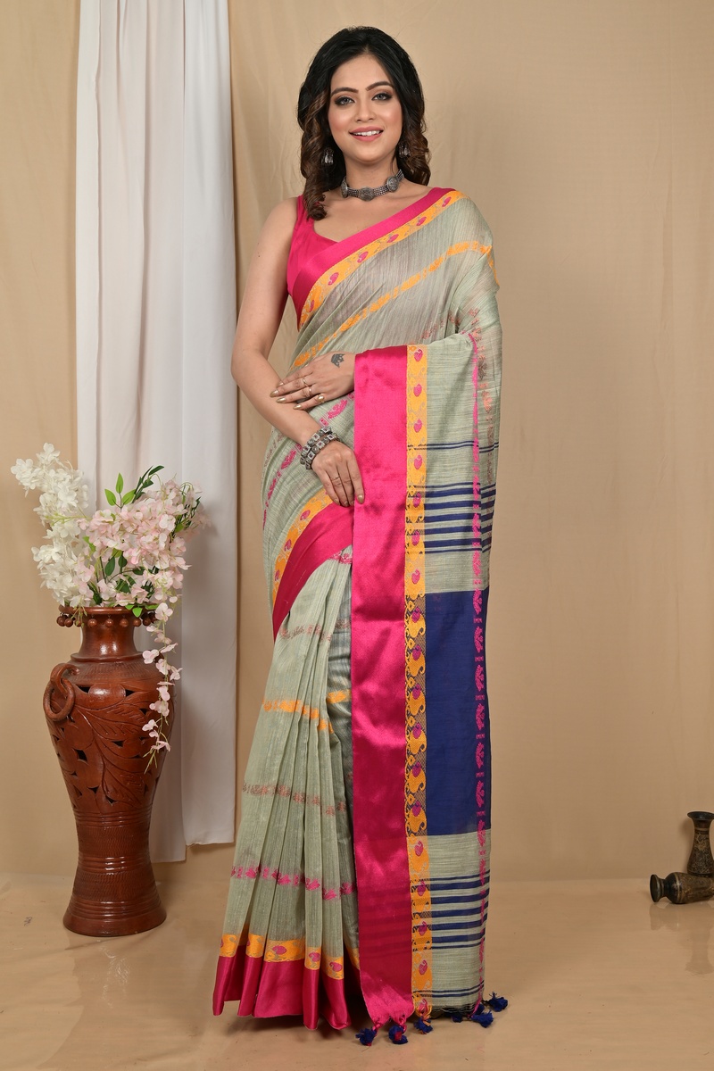 Sage Green Blended Cotton Achsit Hand Loom Saree (2224)