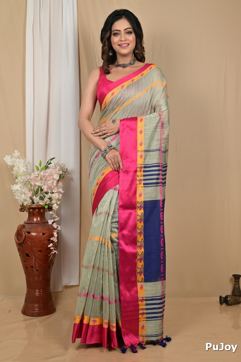 Sage Green Blended Cotton Achsit Hand Loom Saree (2224)