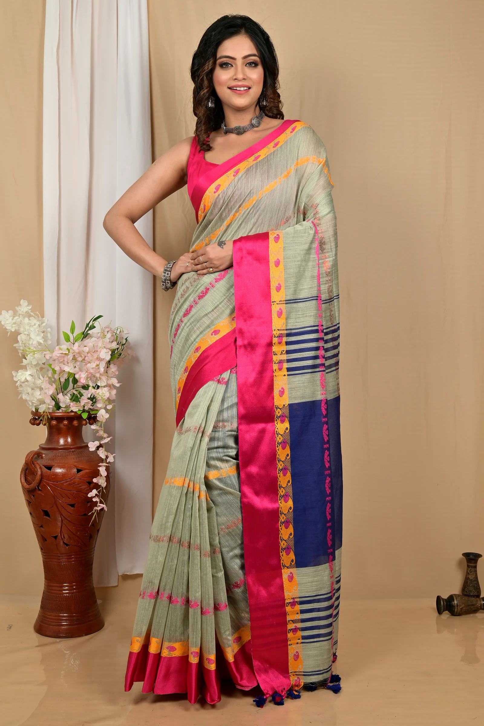Sage Green Blended Cotton Achsit Hand Loom Saree (2224)