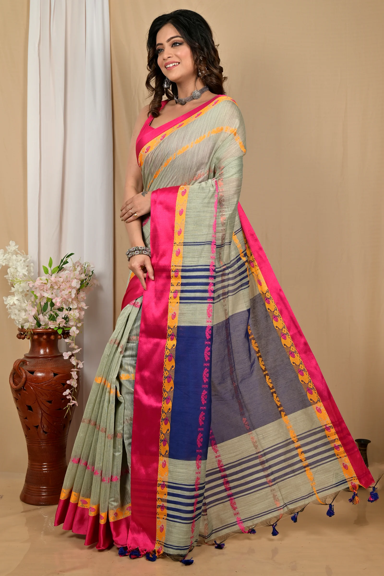 Sage Green Blended Cotton Achsit Hand Loom Saree (2224)