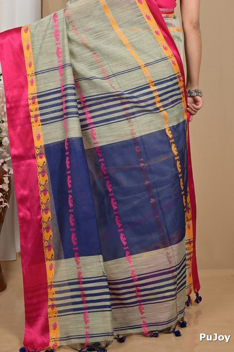 Sage Green Blended Cotton Achsit Hand Loom Saree (2224)