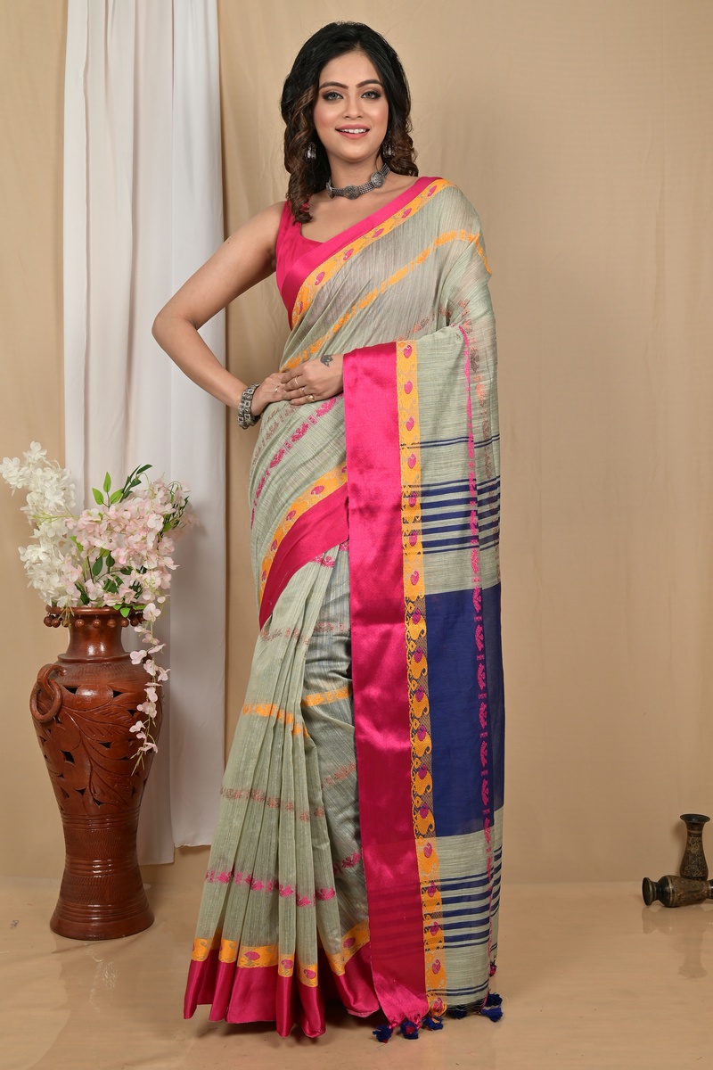 Sage Green Blended Cotton Achsit Hand Loom Saree (2224)