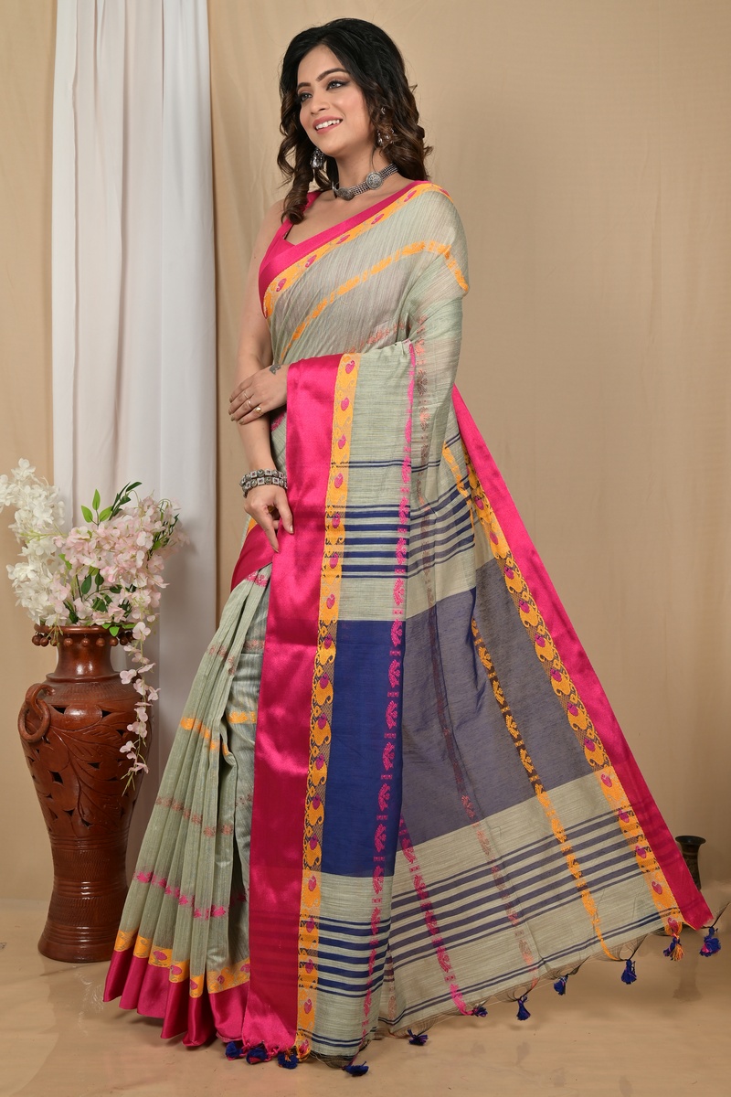 Sage Green Blended Cotton Achsit Hand Loom Saree (2224)