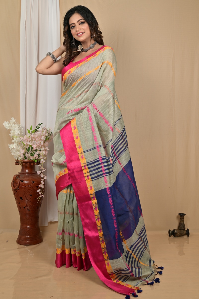 Sage Green Blended Cotton Achsit Hand Loom Saree (2224)