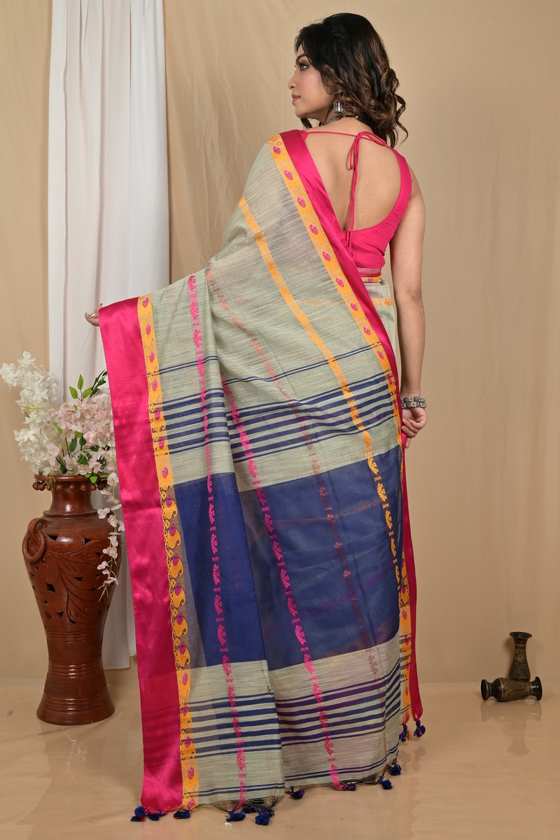 Sage Green Blended Cotton Achsit Hand Loom Saree (2224)