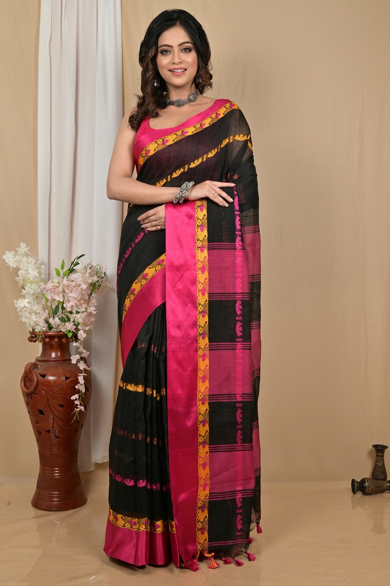 Black Purple Blended Cotton Achsit Hand Loom Saree (2225)