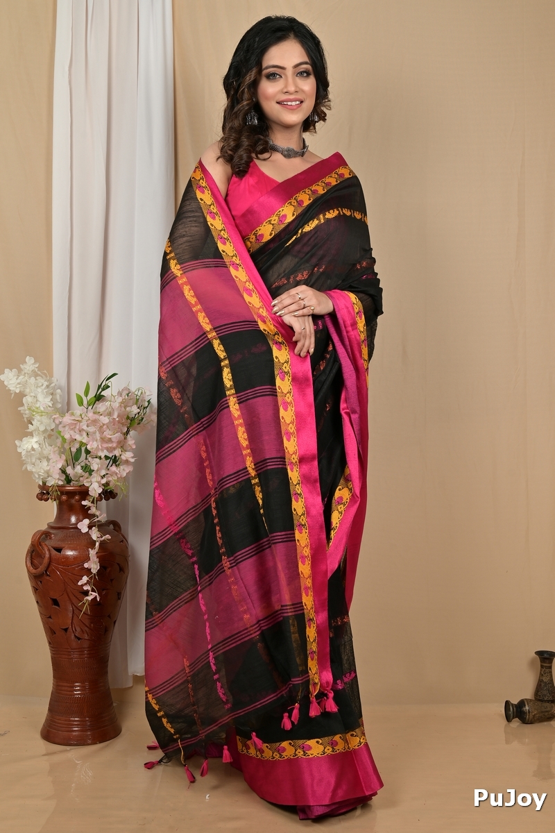 Black Purple Blended Cotton Achsit Hand Loom Saree (2225)
