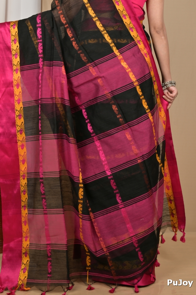 Black Purple Blended Cotton Achsit Hand Loom Saree (2225)