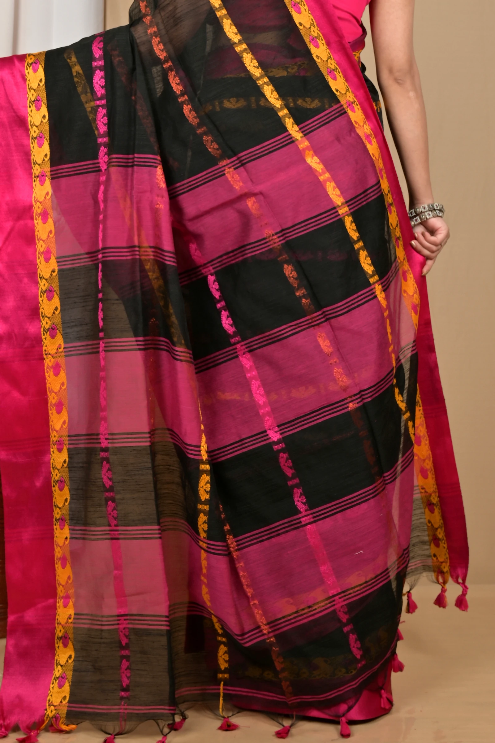 Black Purple Blended Cotton Achsit Hand Loom Saree (2225)