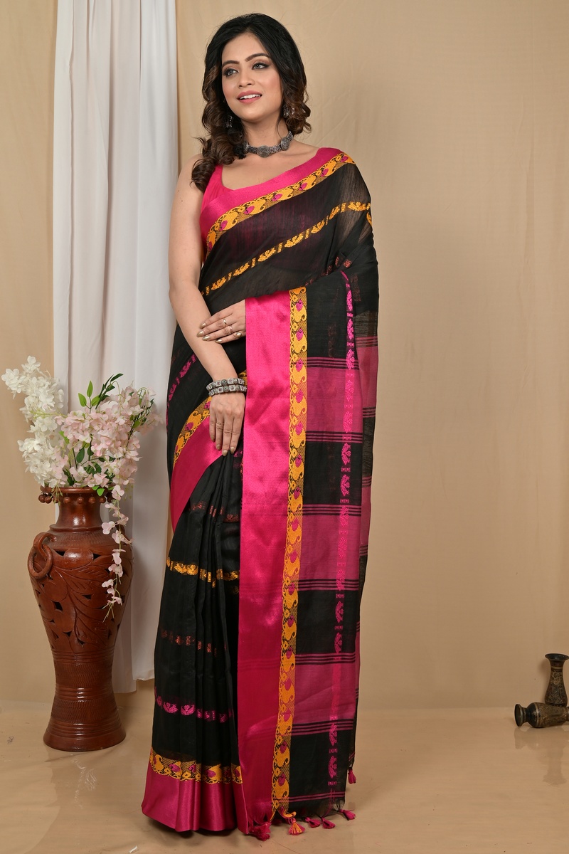 Black Purple Blended Cotton Achsit Hand Loom Saree (2225)