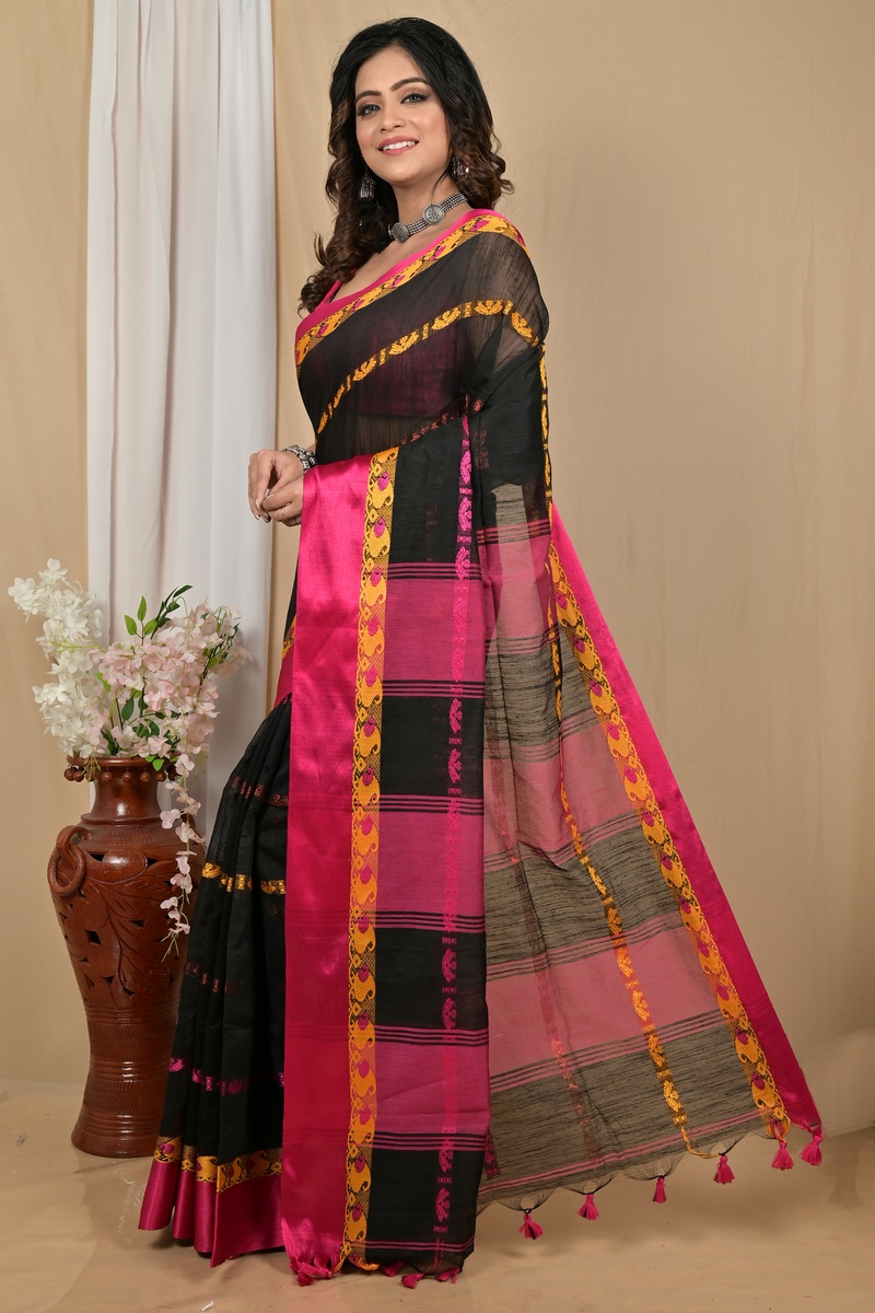 Black Purple Blended Cotton Achsit Hand Loom Saree (2225)