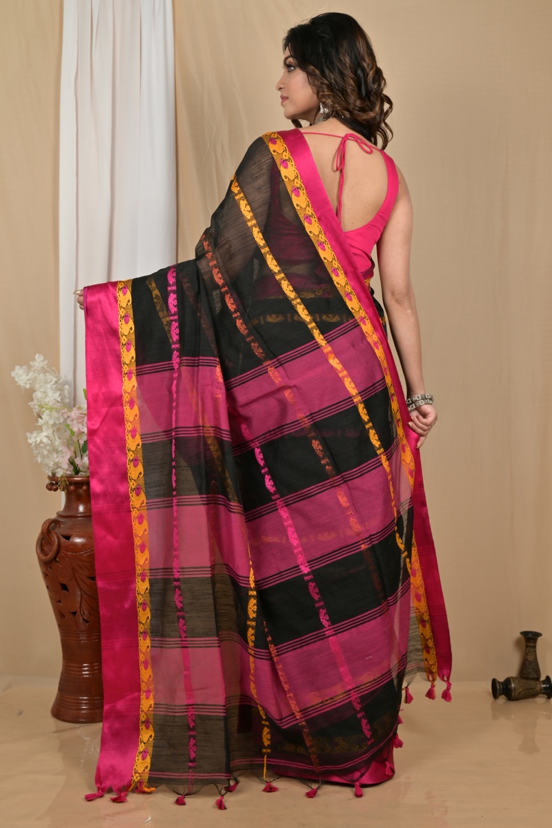 Black Purple Blended Cotton Achsit Hand Loom Saree (2225)
