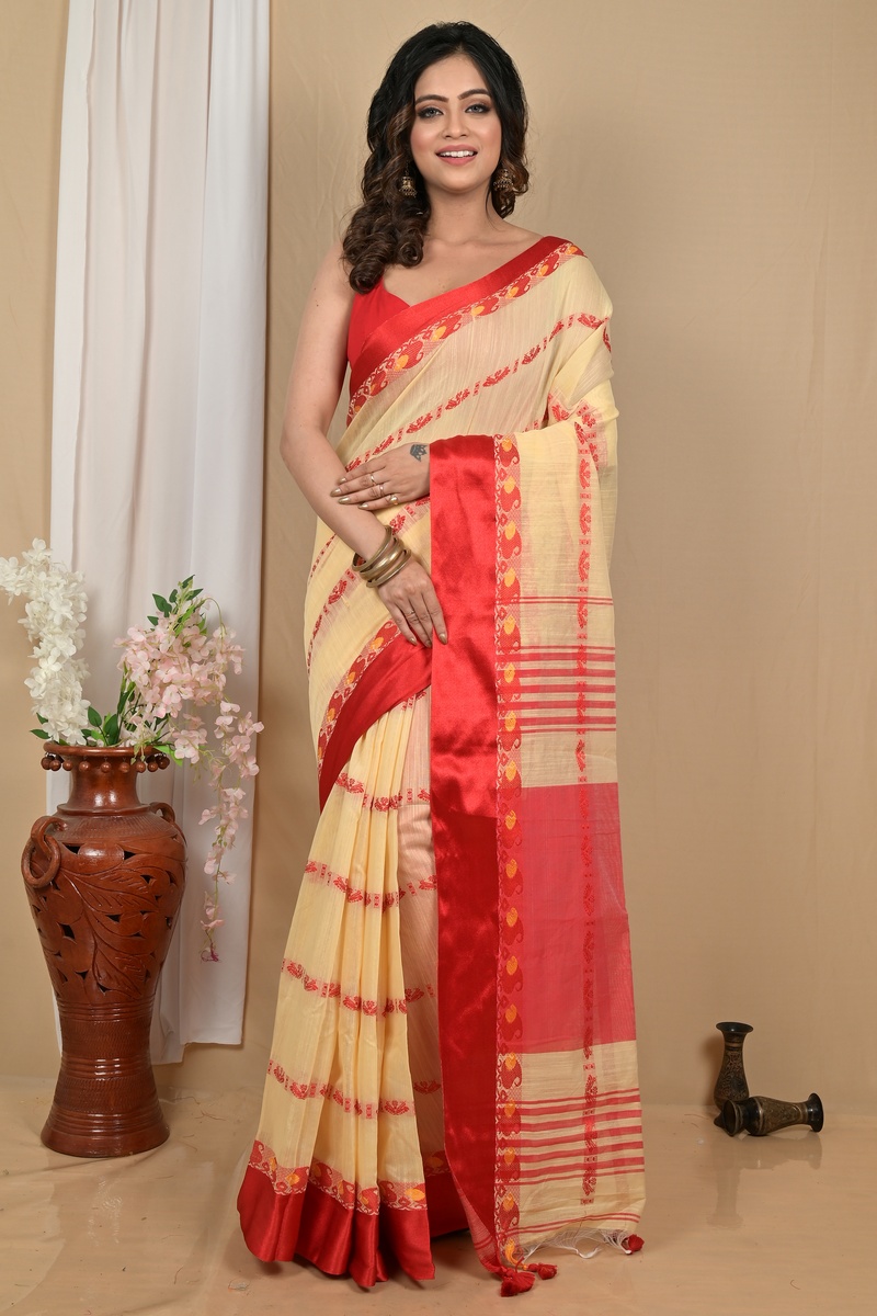 Cream Red Blended Cotton Achsit Hand Loom Saree (2226)