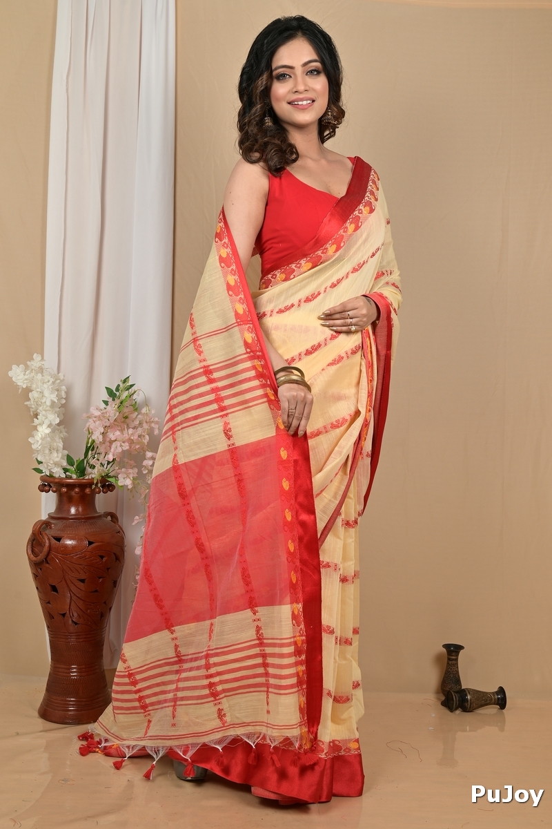 Cream Red Blended Cotton Achsit Hand Loom Saree (2226)