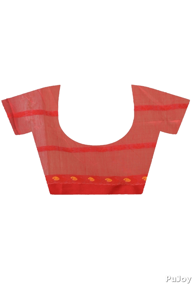 Cream Red Blended Cotton Achsit Hand Loom Saree (2226)