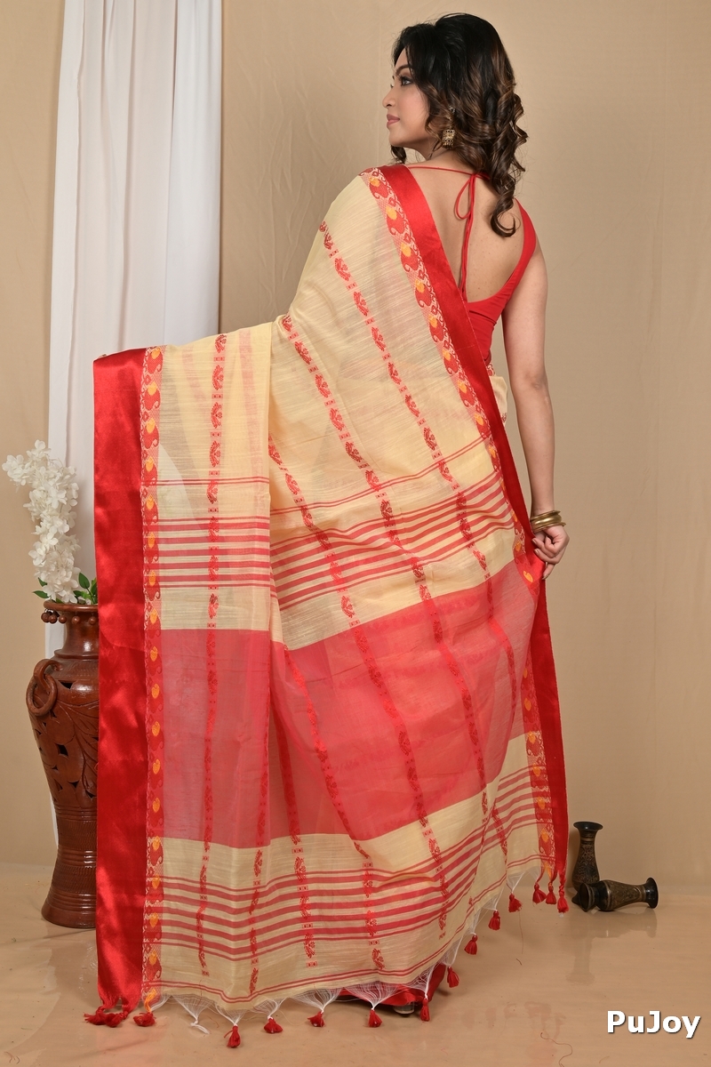 Cream Red Blended Cotton Achsit Hand Loom Saree (2226)