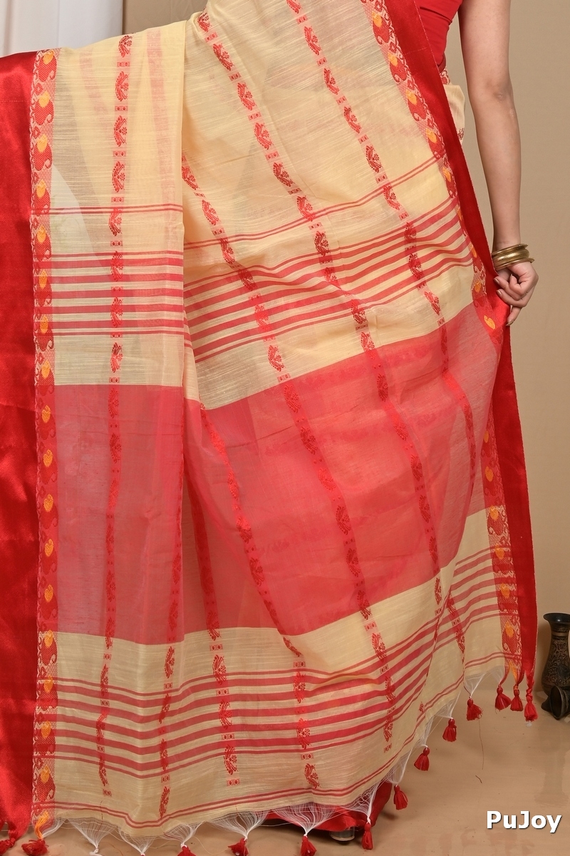 Cream Red Blended Cotton Achsit Hand Loom Saree (2226)