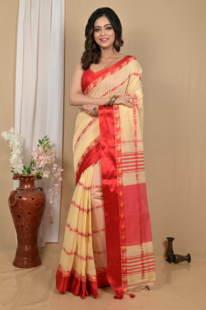 Cream Red Blended Cotton Achsit Hand Loom Saree (2226)