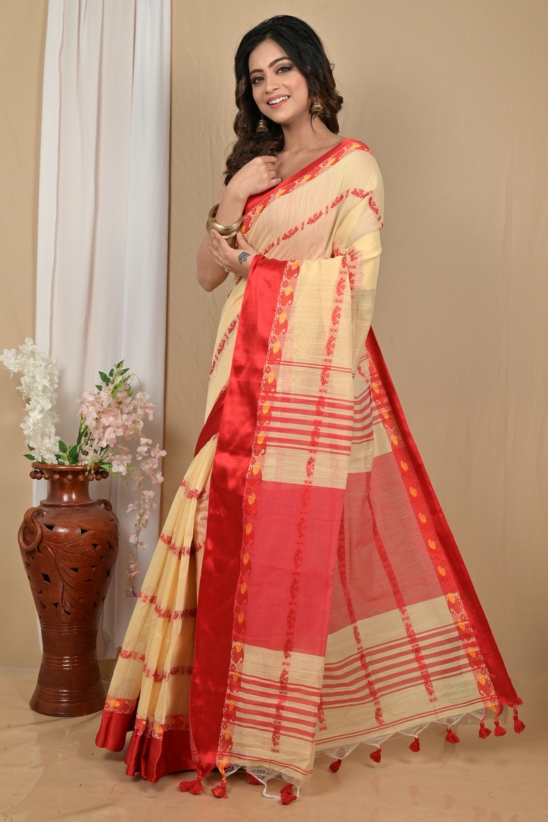 Cream Red Blended Cotton Achsit Hand Loom Saree (2226)