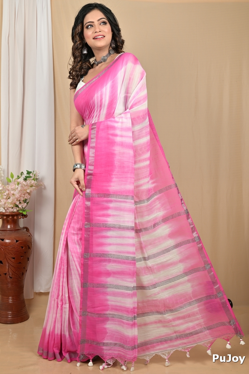 Pink White Pure Cotton Achmol Badhni Dye Saree (2228)