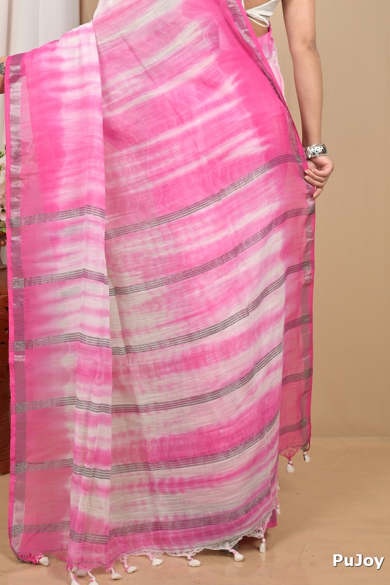 Pink White Pure Cotton Achmol Badhni Dye Saree (2228)