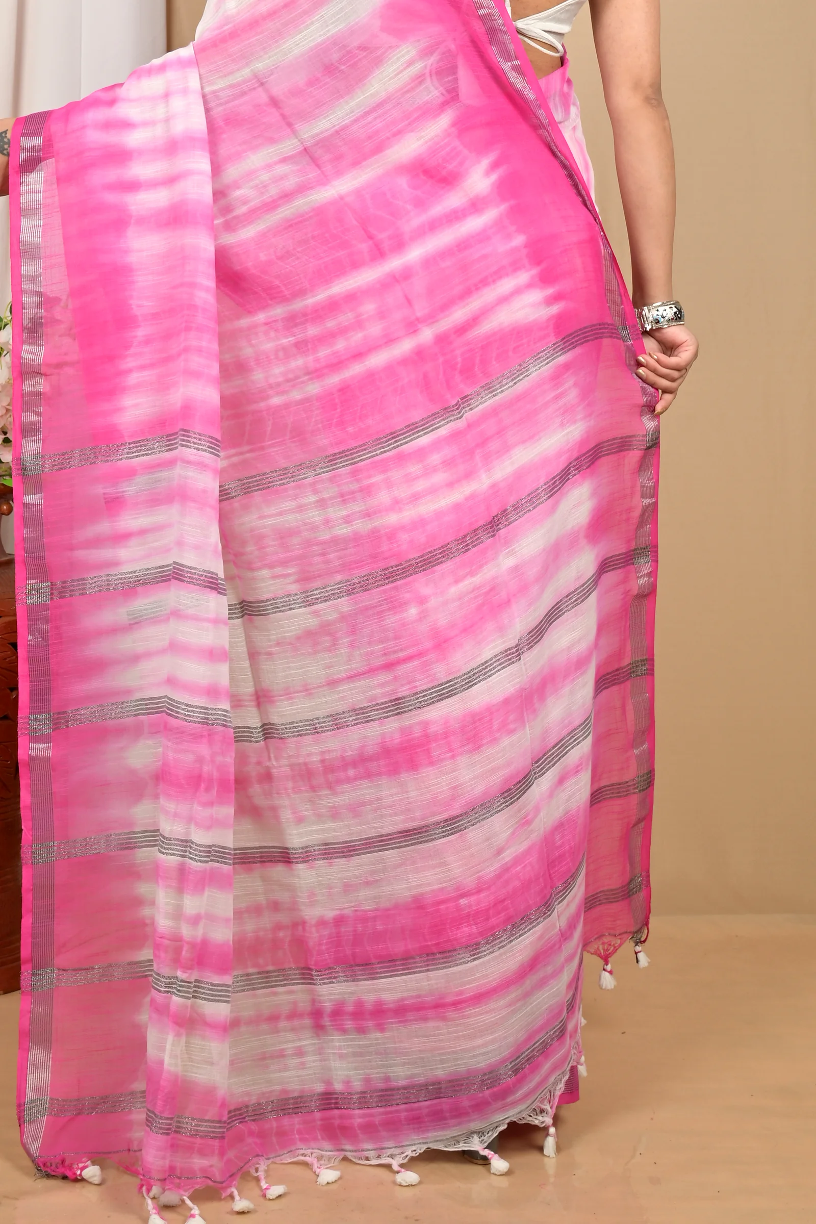 Pink White Pure Cotton Achmol Badhni Dye Saree (2228)