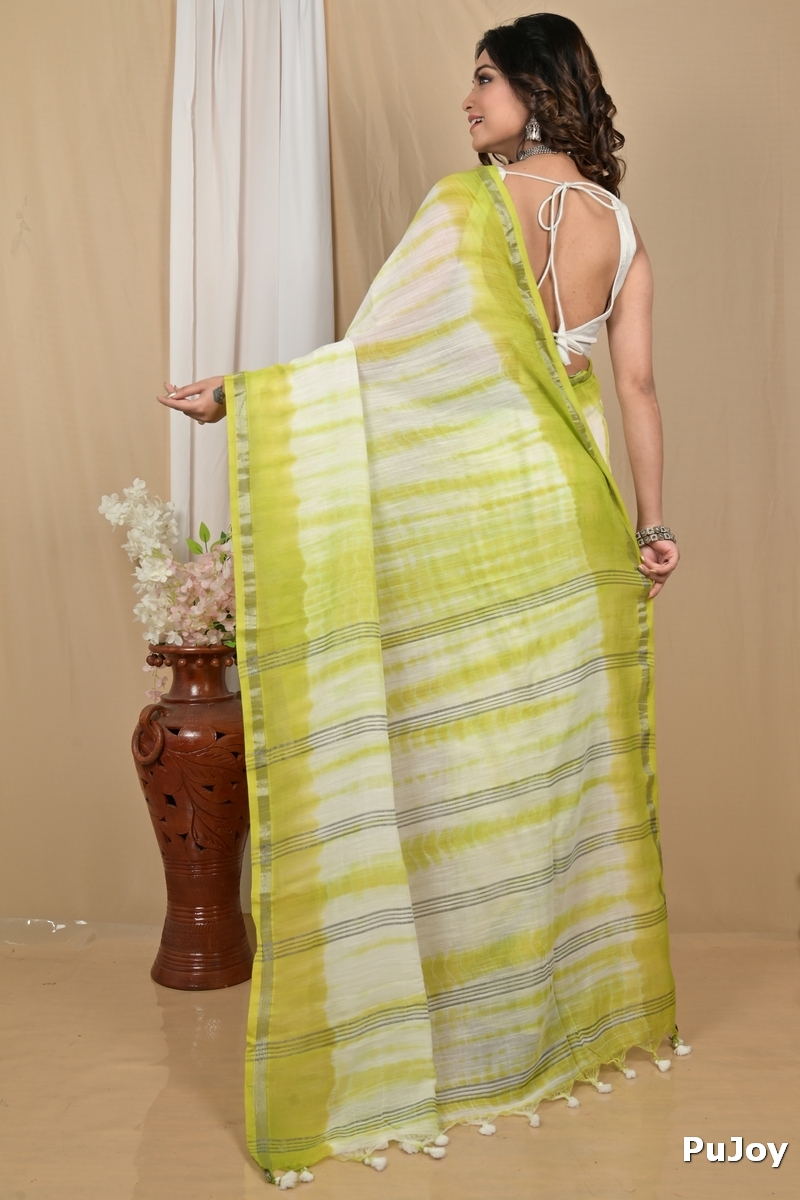 Green White Pure Cotton Achmol Badhni Dye Saree (2229)