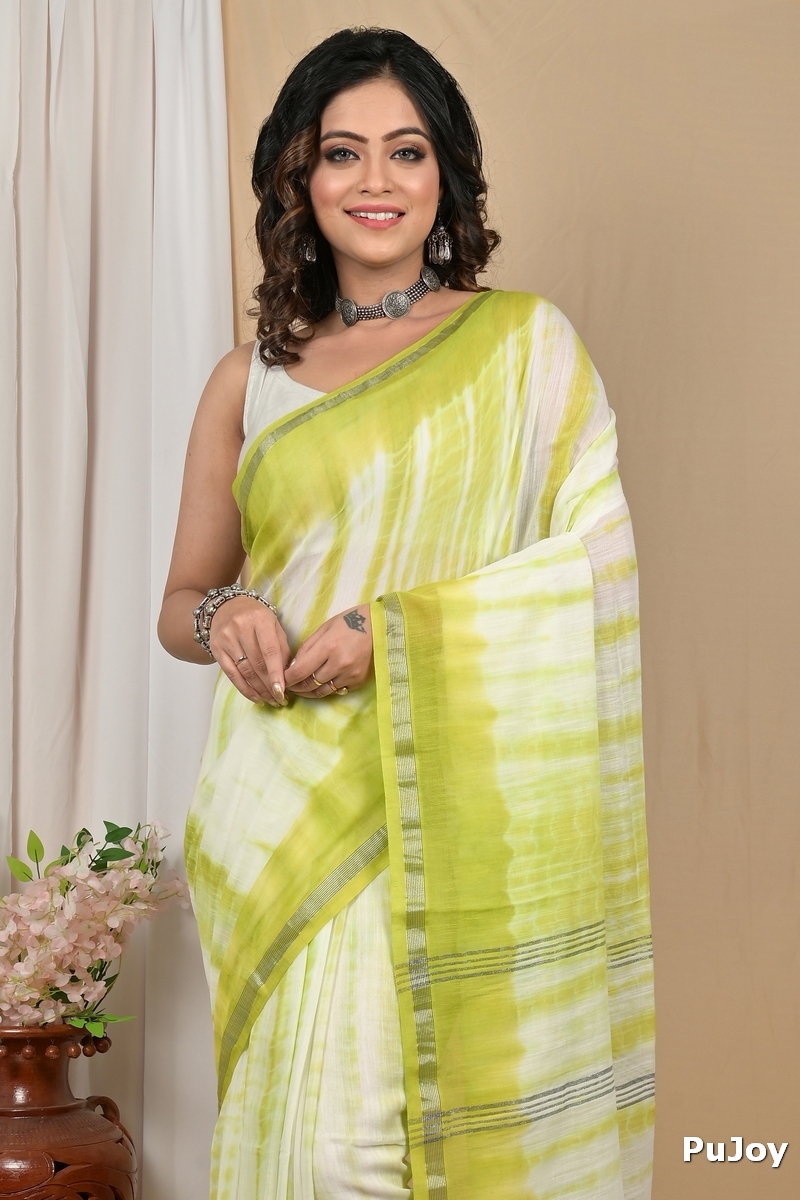 Green White Pure Cotton Achmol Badhni Dye Saree (2229)