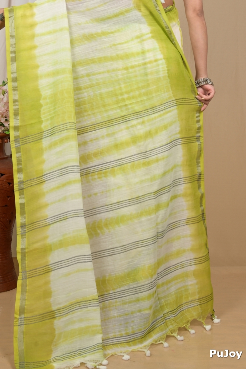 Green White Pure Cotton Achmol Badhni Dye Saree (2229)