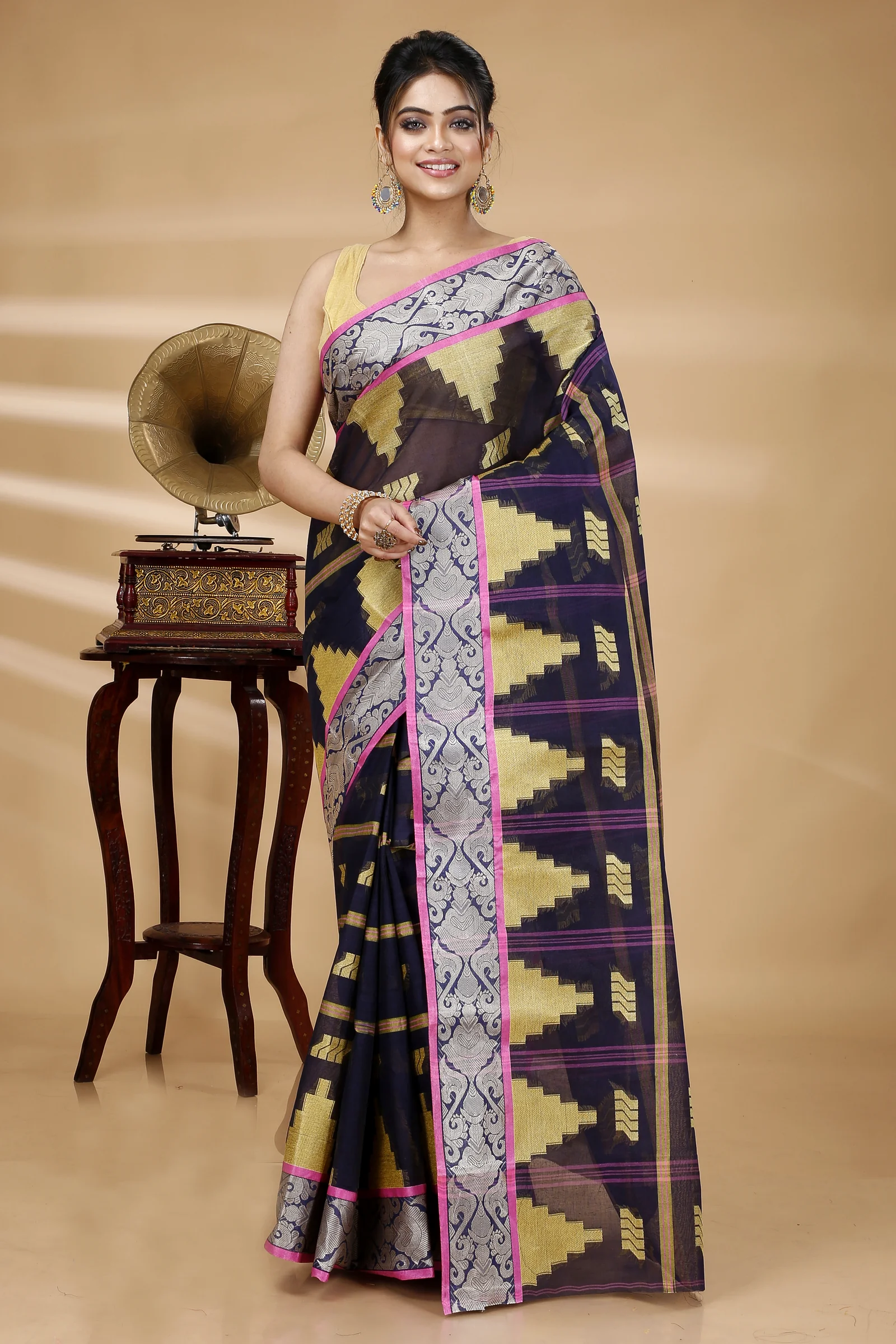 Blue Pure Cotton Kamala Desiging Tant Saree (223)