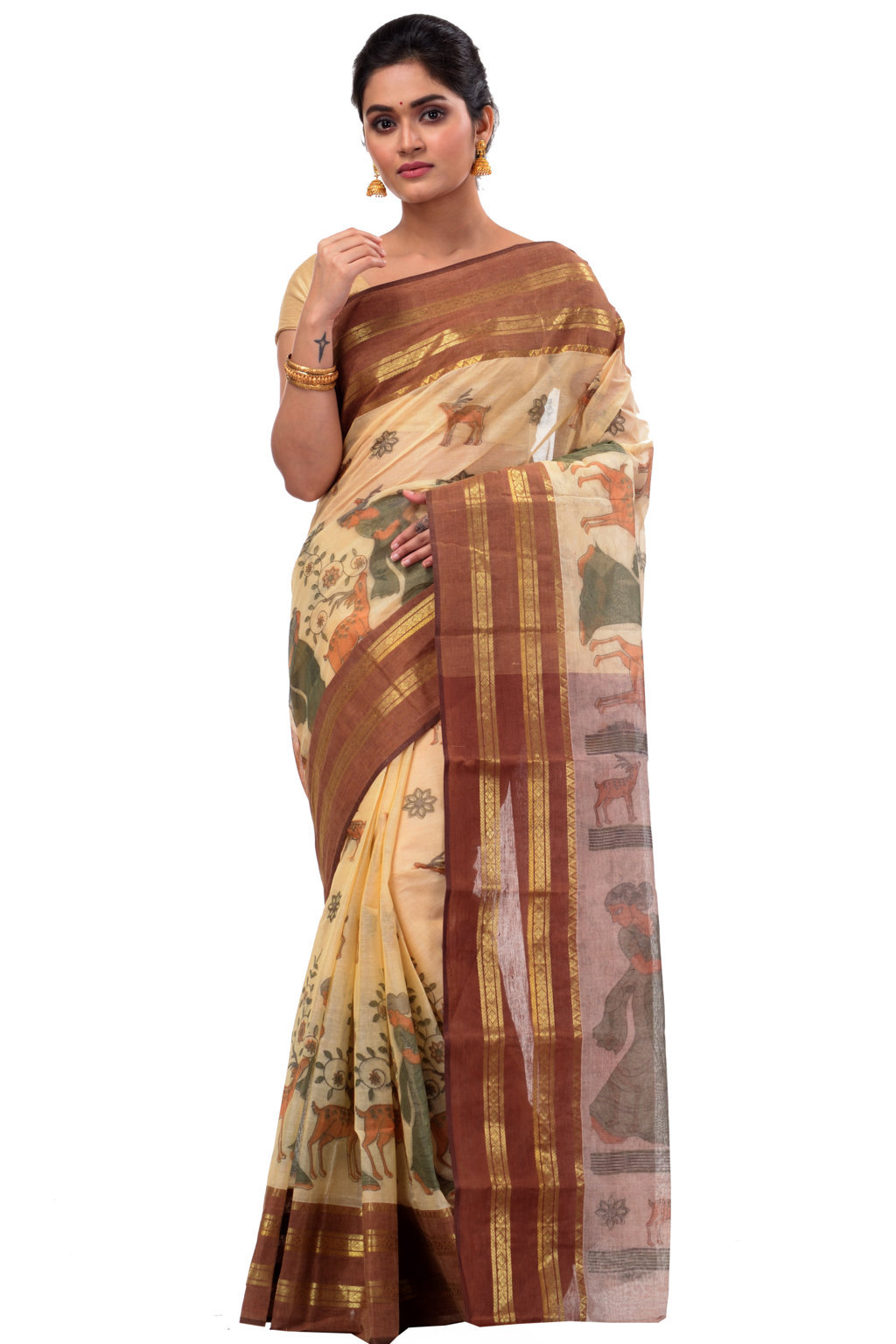 Brown Pure Cotton Sakuntala Tant Saree Print (2231)