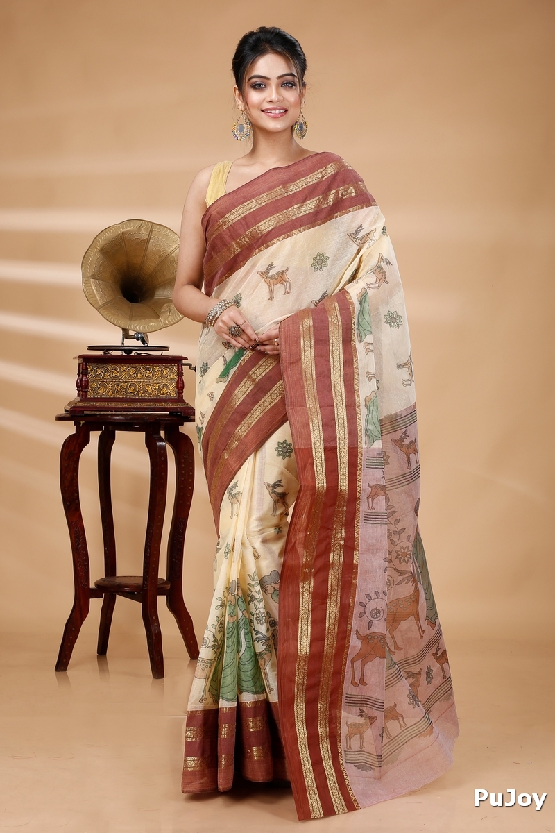 Brown Pure Cotton Sakuntala Tant Saree Print (2231)