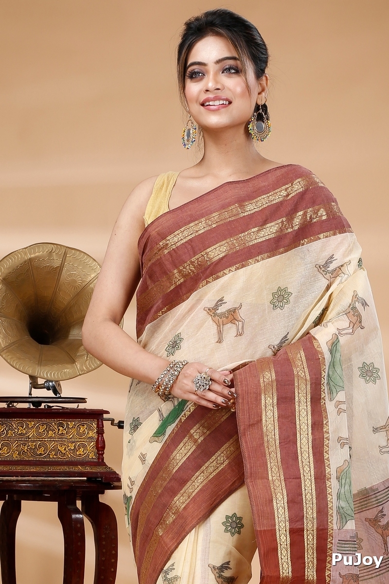 Brown Pure Cotton Sakuntala Tant Saree Print (2231)