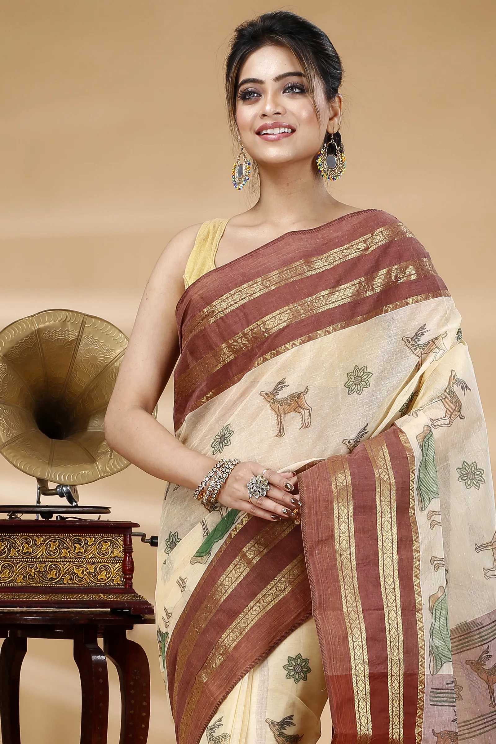 Brown Pure Cotton Sakuntala Tant Saree Print (2231)