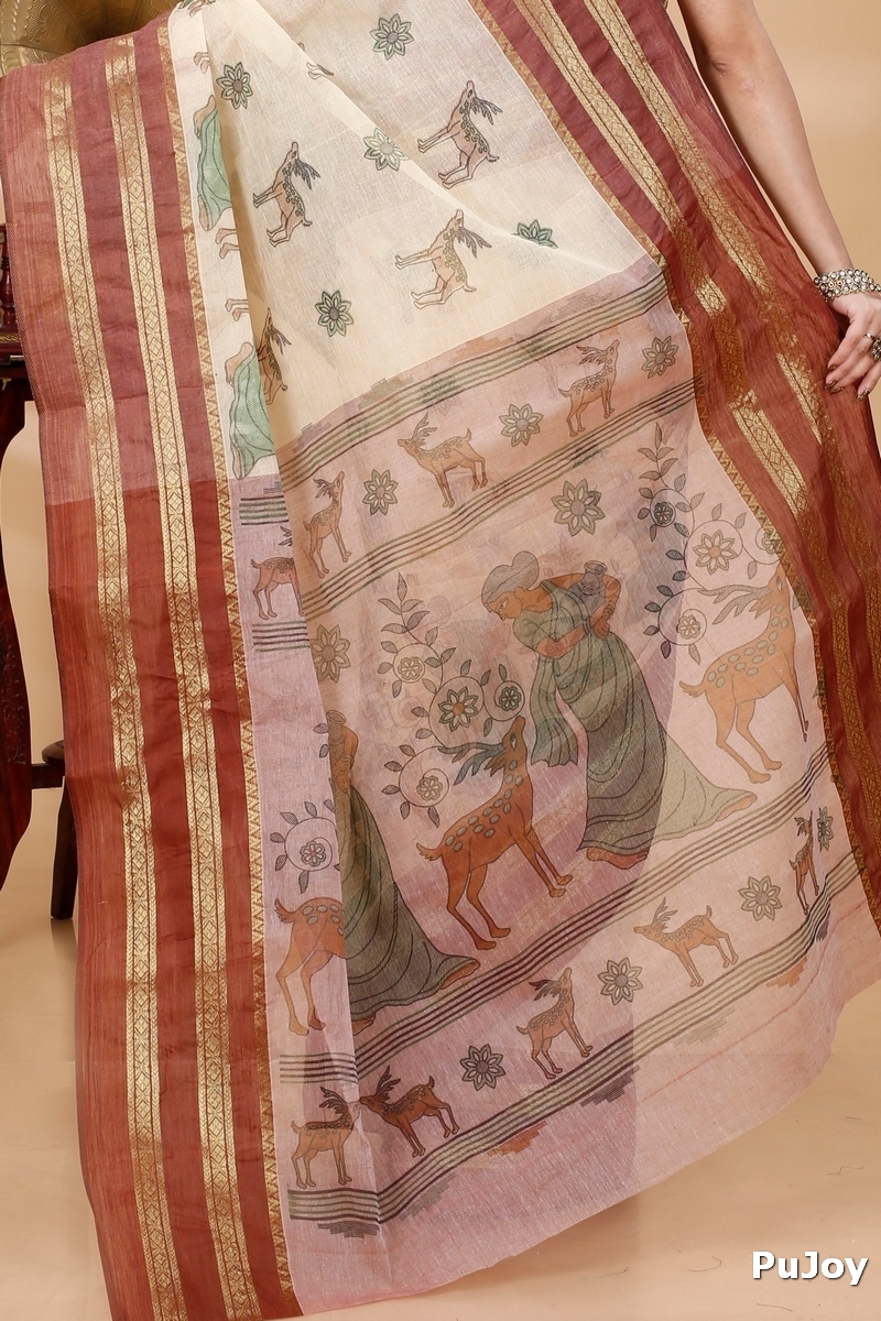 Brown Pure Cotton Sakuntala Tant Saree Print (2231)