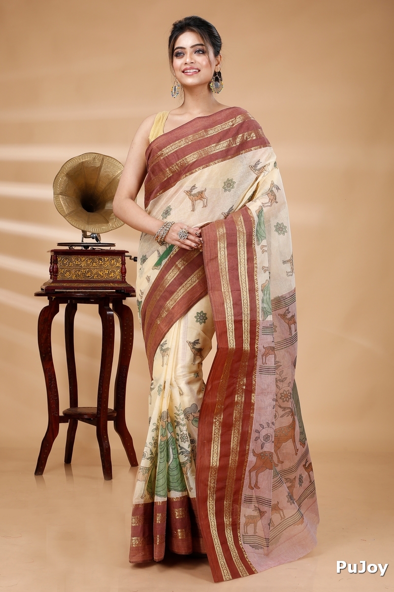 Brown Pure Cotton Sakuntala Tant Saree Print (2231)