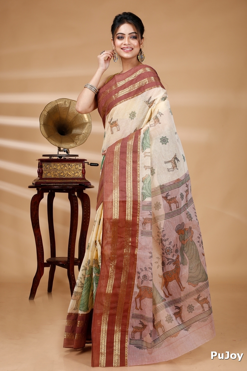 Brown Pure Cotton Sakuntala Tant Saree Print (2231)