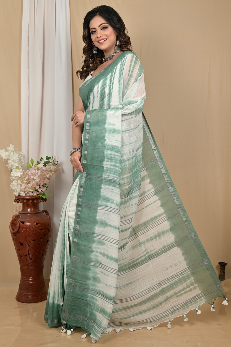 Green White Pure Cotton Achmol Badhni Dye Saree (2232)