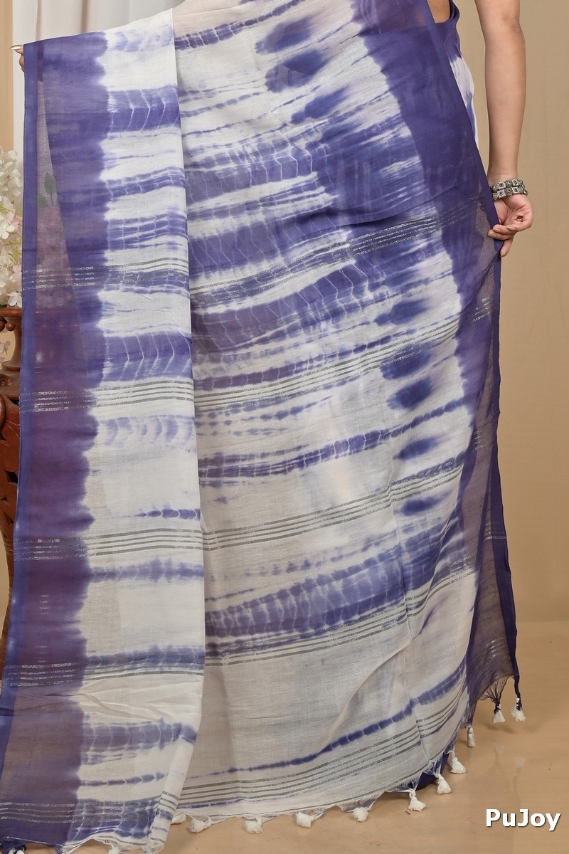 Lavender White Pure Cotton Achmol Badhni Dye Saree (2233)
