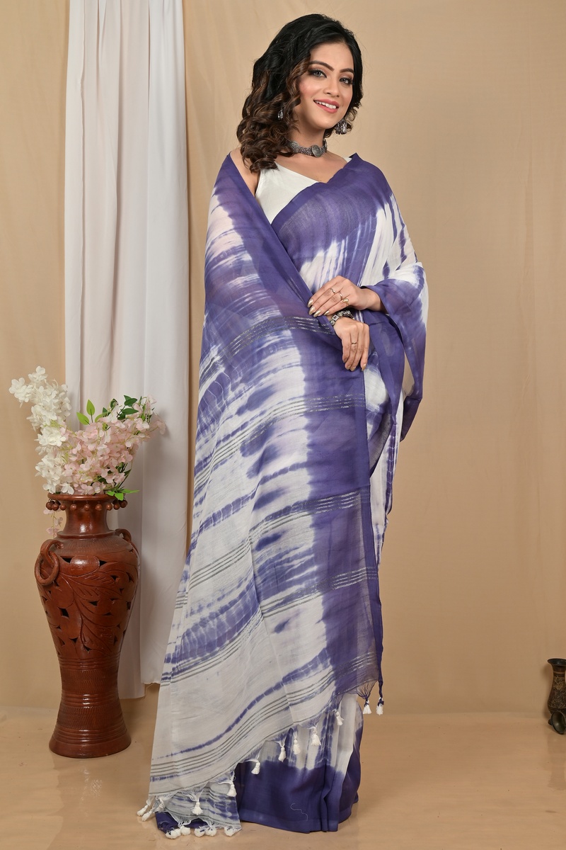 Lavender White Pure Cotton Achmol Badhni Dye Saree (2233)
