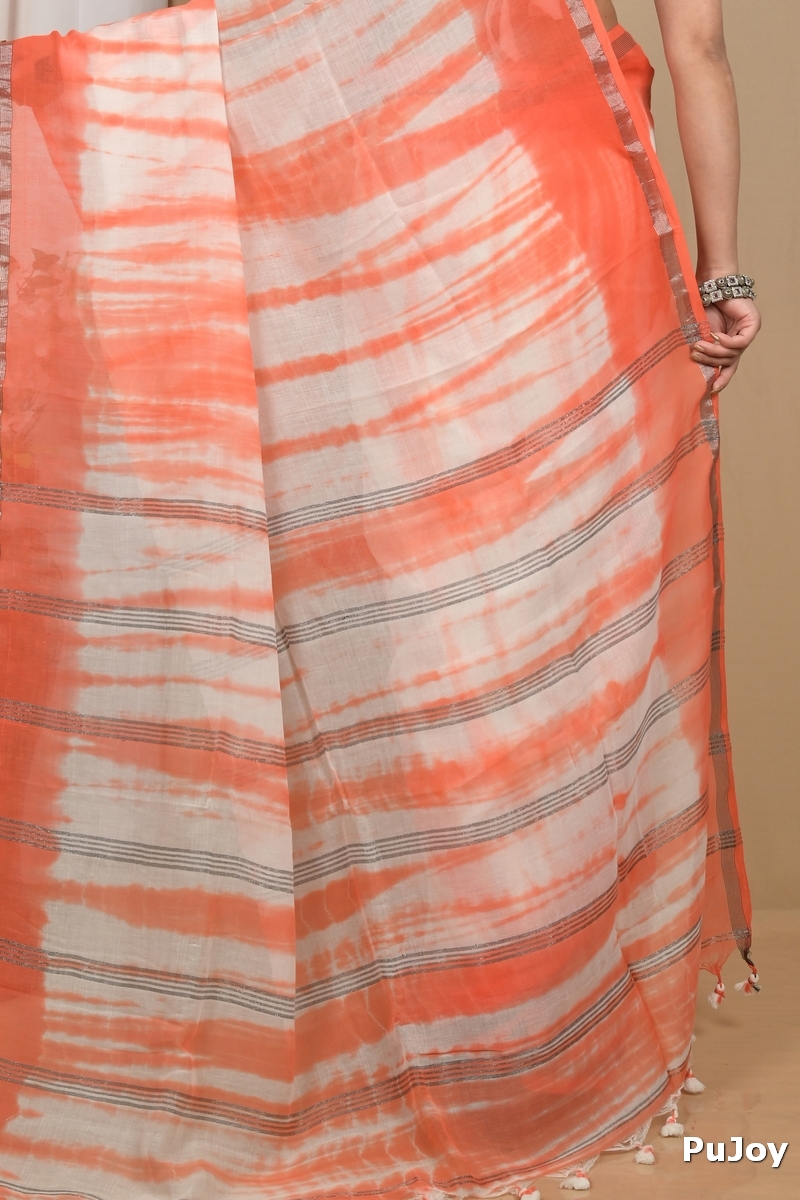 Orange White Pure Cotton Achmol Badhni Dye Saree (2234)