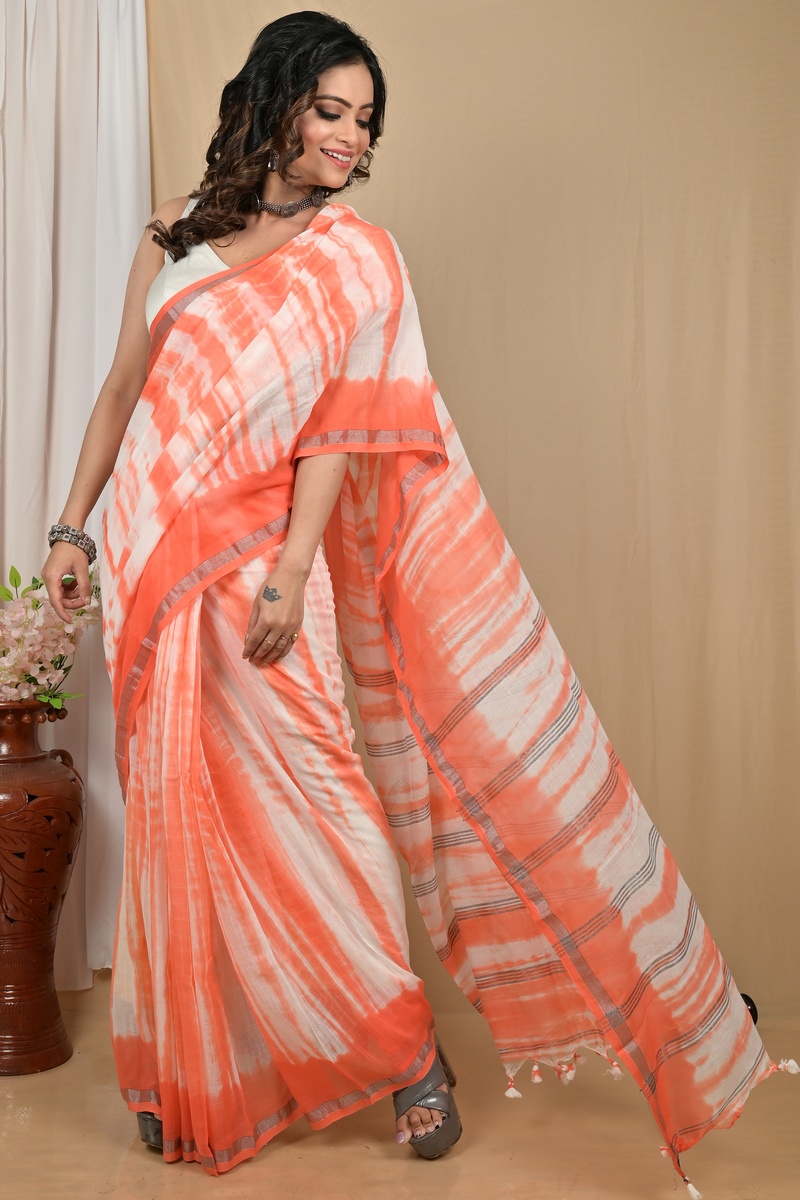 Orange White Pure Cotton Achmol Badhni Dye Saree (2234)
