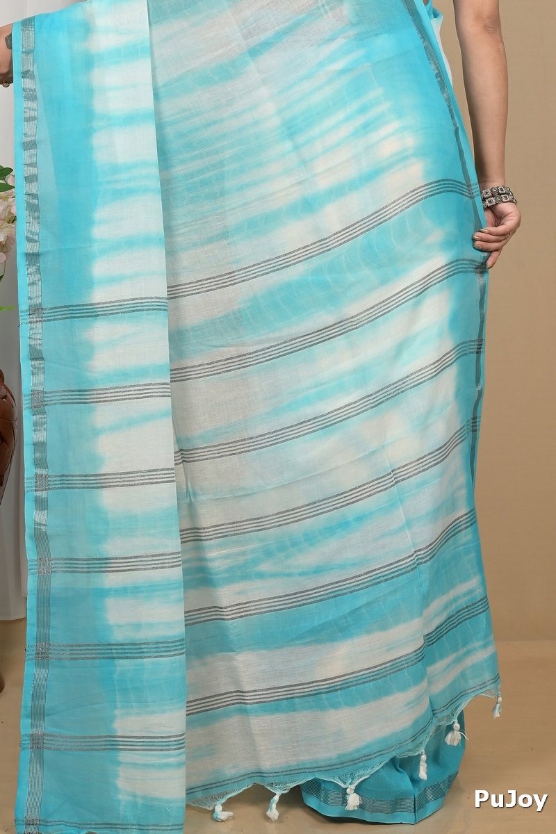 Sky White Pure Cotton Achmol Badhni Dye Saree (2235)