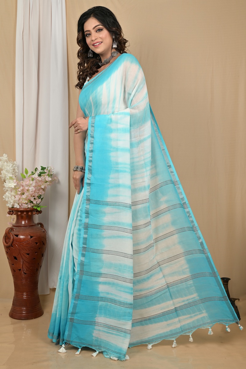 Sky White Pure Cotton Achmol Badhni Dye Saree (2235)