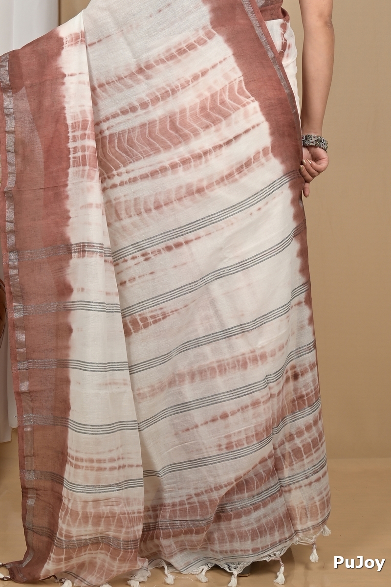 Brown White Pure Cotton Achmol Badhni Dye Saree (2237)